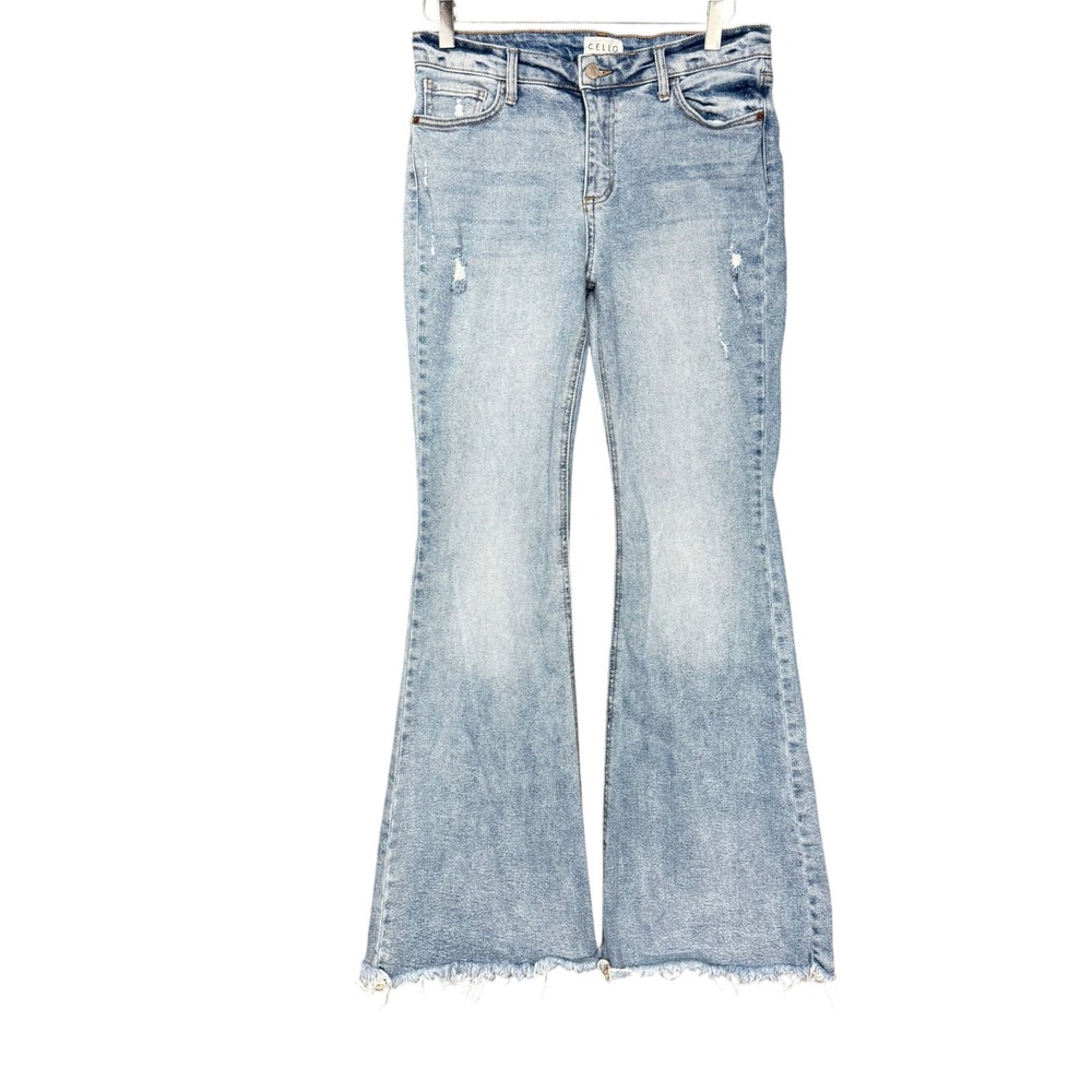 Cello Jeans‎ Womens 9 Blue Light Wash Distressed Flare Raw Leg Denim Stretch